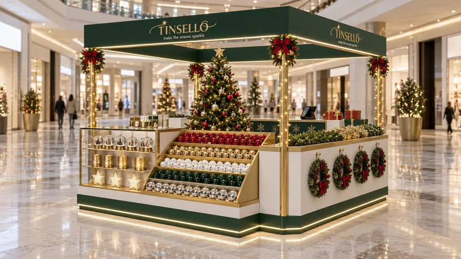 TINSELLO crowned island kiosk — right three-quarter view, Christmas and New Year decorations (AI-assisted 3D visualisation)