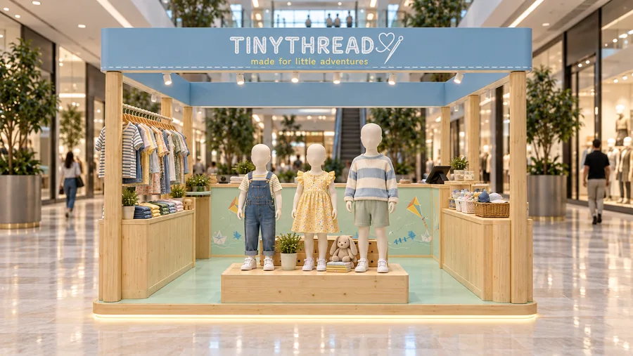 TINYTHREAD crowned island kiosk — front view, children's clothing from 1 to 8 years (AI-assisted 3D visualisation)