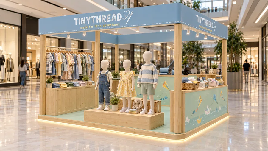 TINYTHREAD crowned island kiosk — left three-quarter view, children's clothing from 1 to 8 years (AI-assisted 3D visualisation)