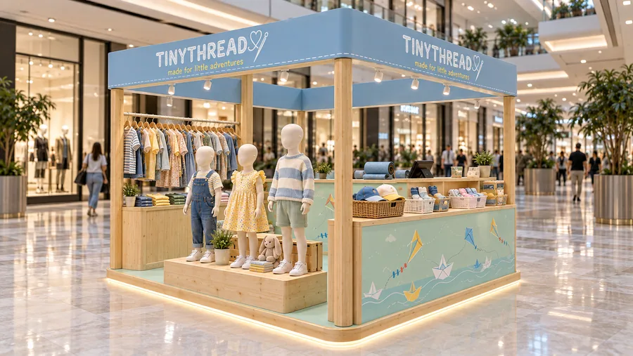 TINYTHREAD crowned island kiosk — right three-quarter view, children's clothing from 1 to 8 years (AI-assisted 3D visualisation)