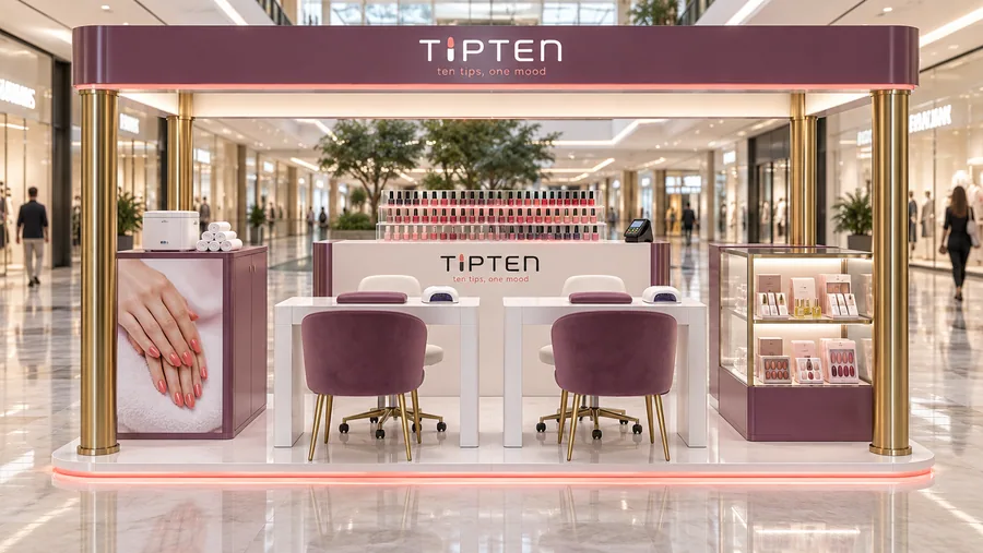 TIPTEN crowned island kiosk — front view, nail bar (AI-assisted 3D visualisation)