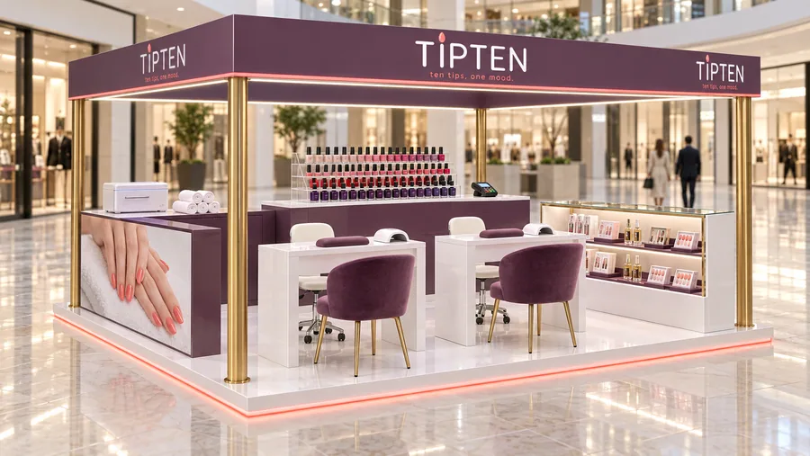 TIPTEN crowned island kiosk — left three-quarter view, nail bar (AI-assisted 3D visualisation)