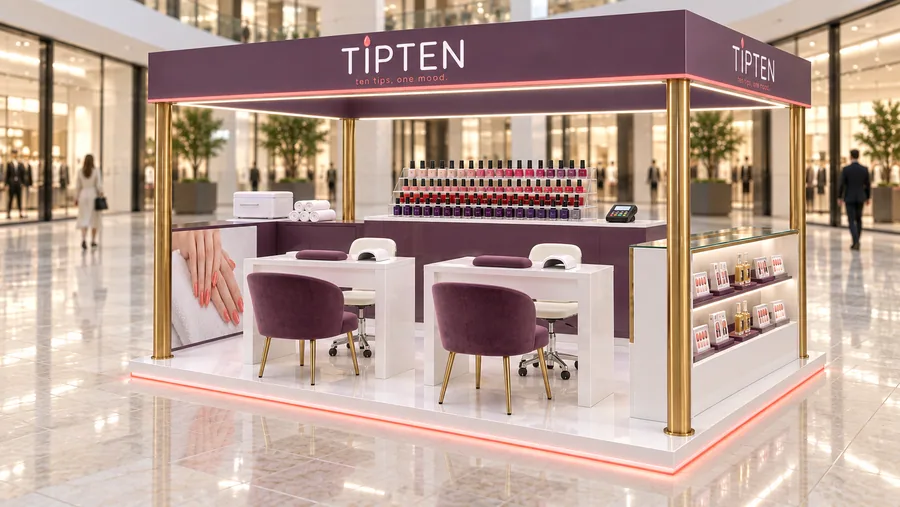 TIPTEN crowned island kiosk — right three-quarter view, nail bar (AI-assisted 3D visualisation)