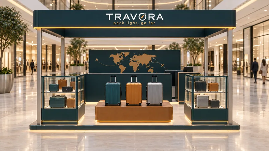 TRAVORA crowned island kiosk — front view, travel accessories and luggage (AI-assisted 3D visualisation)