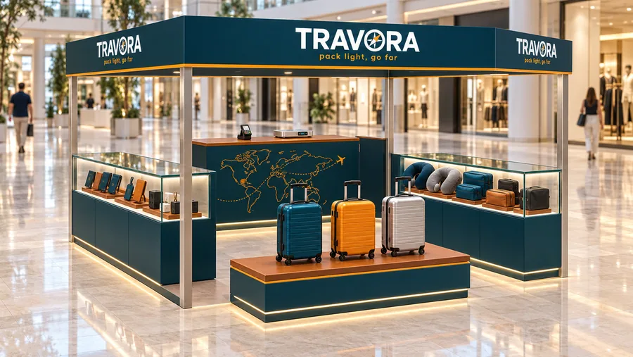 TRAVORA crowned island kiosk — left three-quarter view, travel accessories and luggage (AI-assisted 3D visualisation)