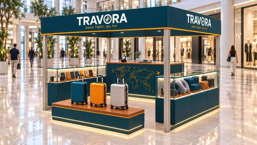 TRAVORA crowned island kiosk — right three-quarter view, travel accessories and luggage (AI-assisted 3D visualisation)