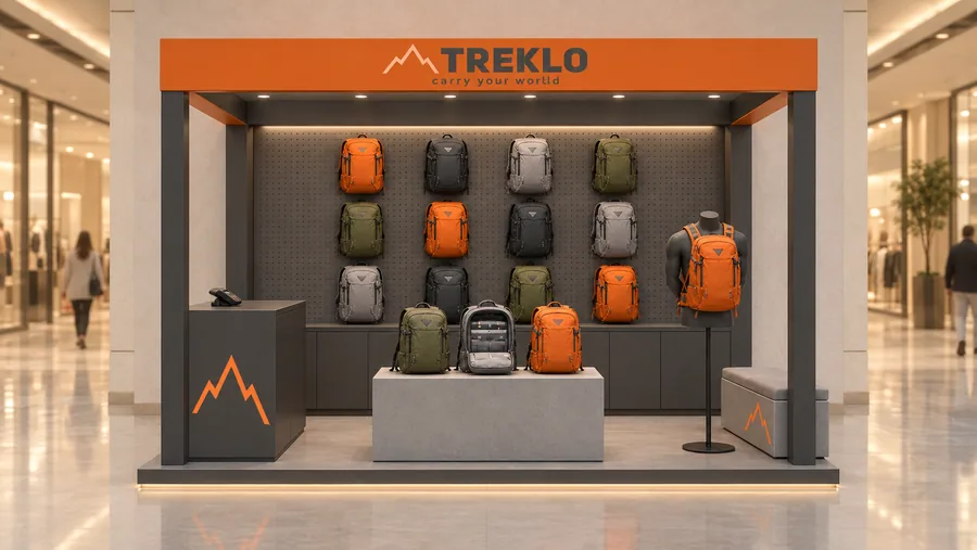 TREKLO crowned kiosk in front of a wall — front view, backpacks for city (AI-assisted 3D visualisation)