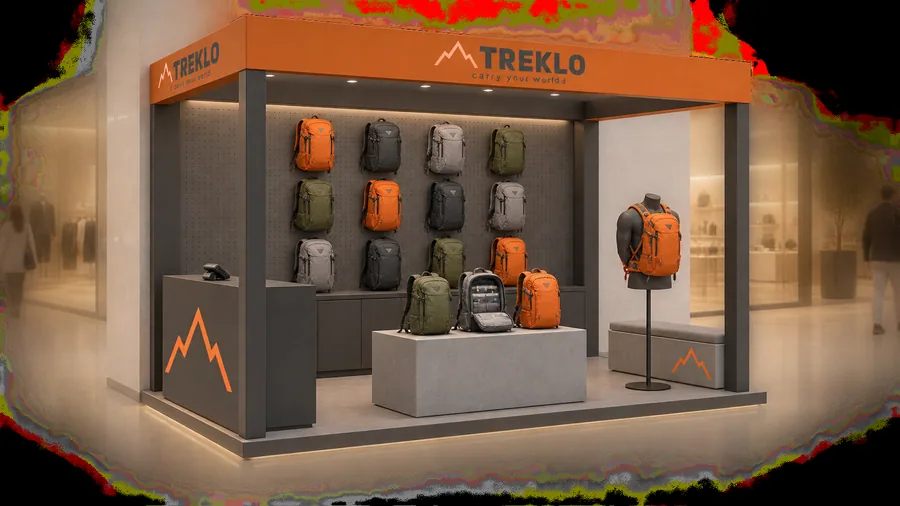 TREKLO crowned kiosk in front of a wall — left three-quarter view, backpacks for city (AI-assisted 3D visualisation)