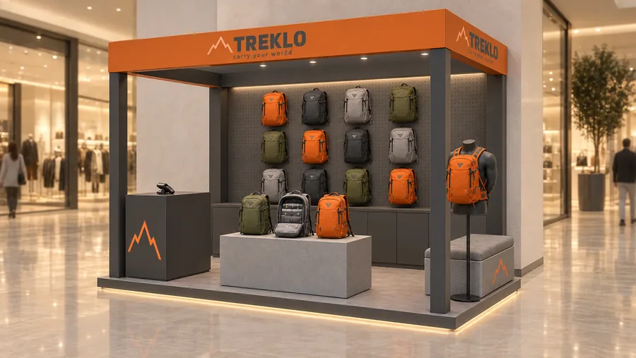 TREKLO crowned kiosk in front of a wall — right three-quarter view, backpacks for city (AI-assisted 3D visualisation)