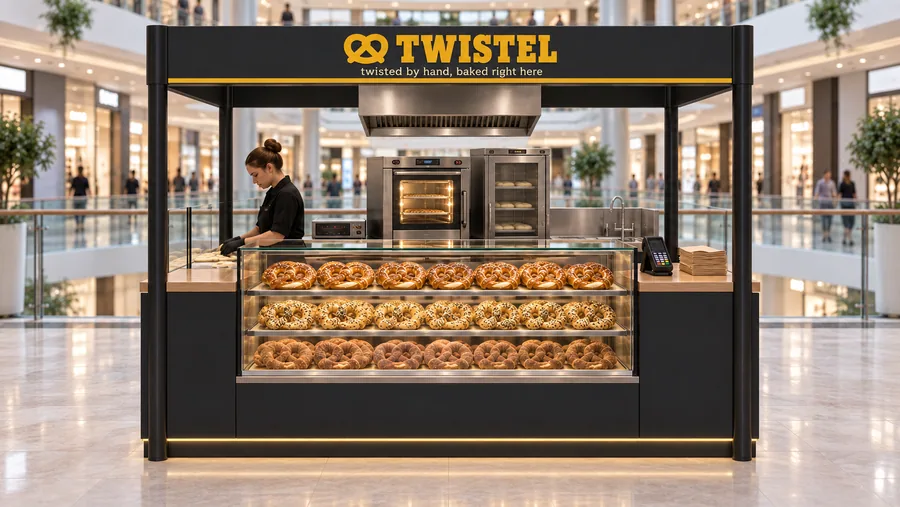 TWISTEL crowned kiosk in front of a balcony — front view, soft pretzels twisted by hand and baked on site (AI-assisted 3D visualisation)