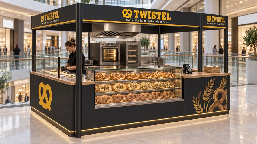 TWISTEL crowned kiosk in front of a balcony — left three-quarter view, soft pretzels twisted by hand and baked on site (AI-assisted 3D visualisation)