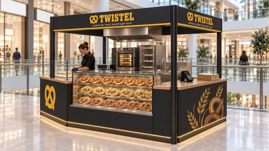 TWISTEL crowned kiosk in front of a balcony — right three-quarter view, soft pretzels twisted by hand and baked on site (AI-assisted 3D visualisation)