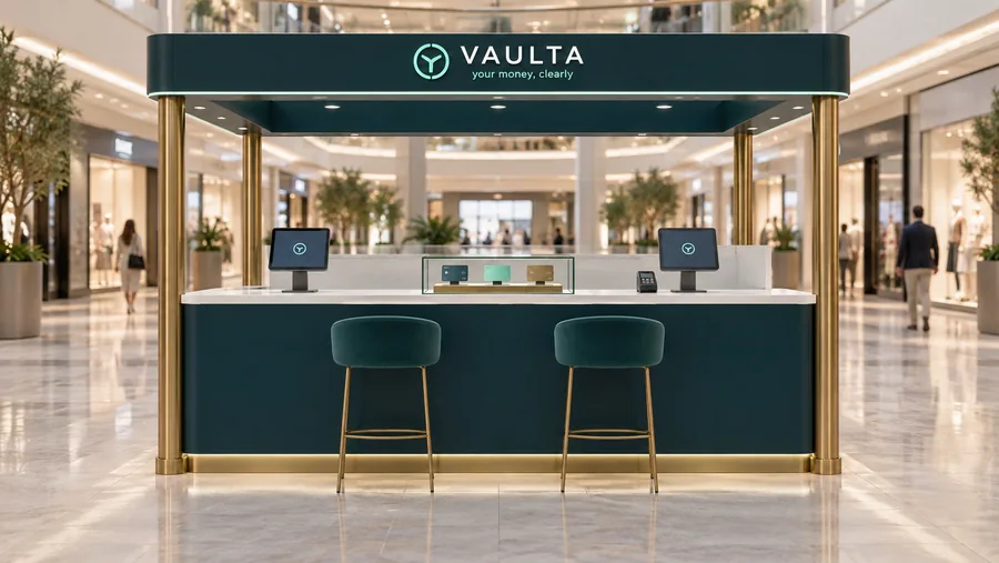 VAULTA crowned island kiosk — front view, bank promotion booth (AI-assisted 3D visualisation)