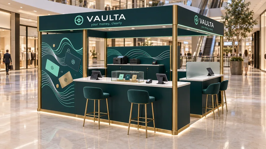 VAULTA crowned island kiosk — left three-quarter view, bank promotion booth (AI-assisted 3D visualisation)