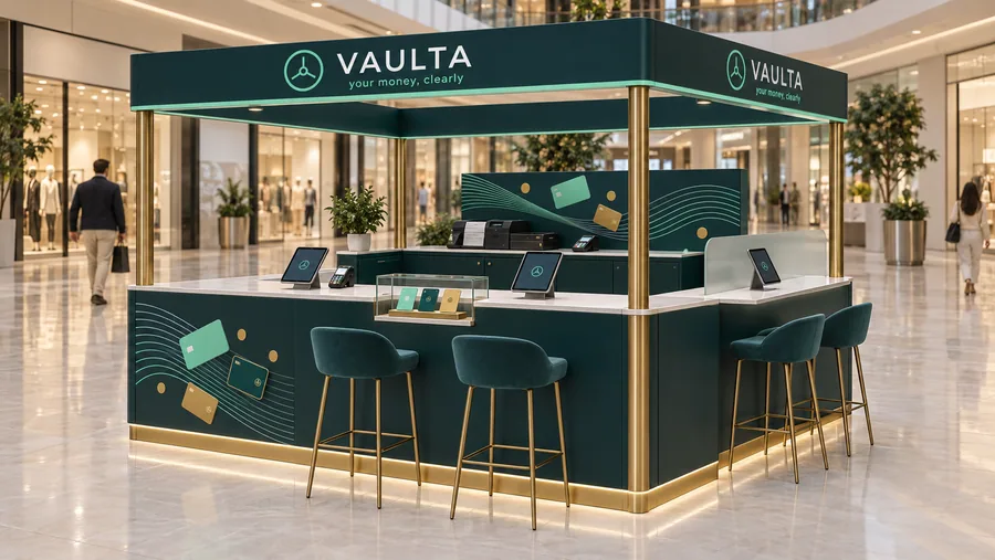 VAULTA crowned island kiosk — right three-quarter view, bank promotion booth (AI-assisted 3D visualisation)