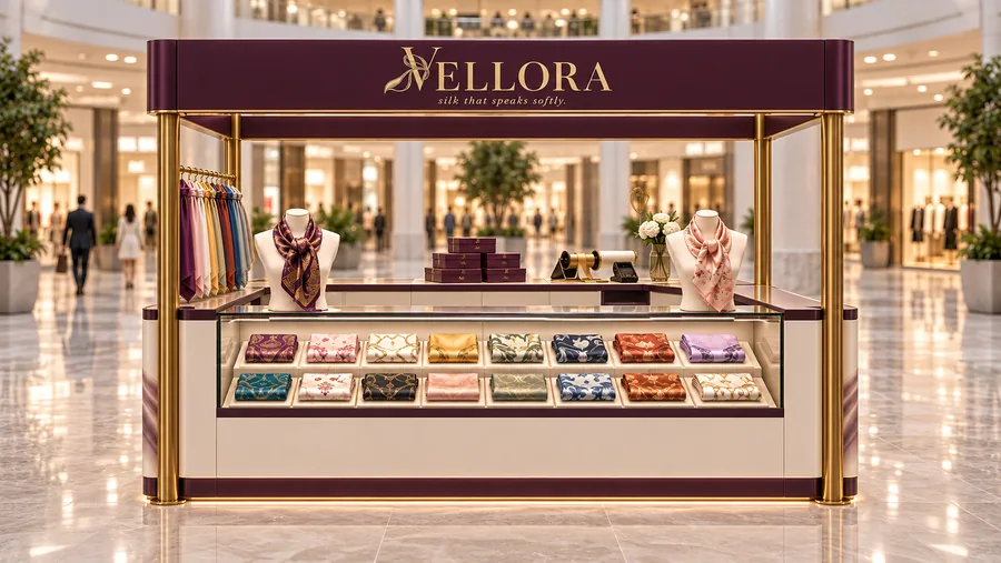 VELLORA crowned island kiosk — front view, silk scarves (AI-assisted 3D visualisation)