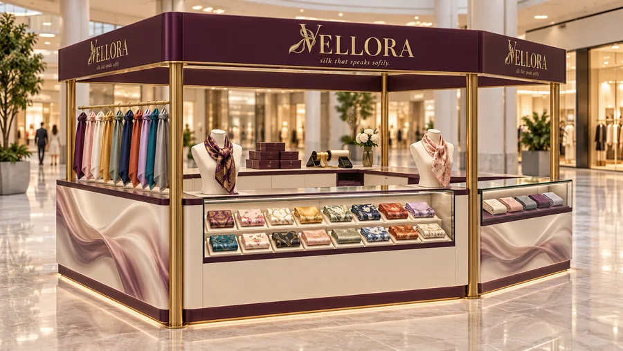 VELLORA crowned island kiosk — left three-quarter view, silk scarves (AI-assisted 3D visualisation)
