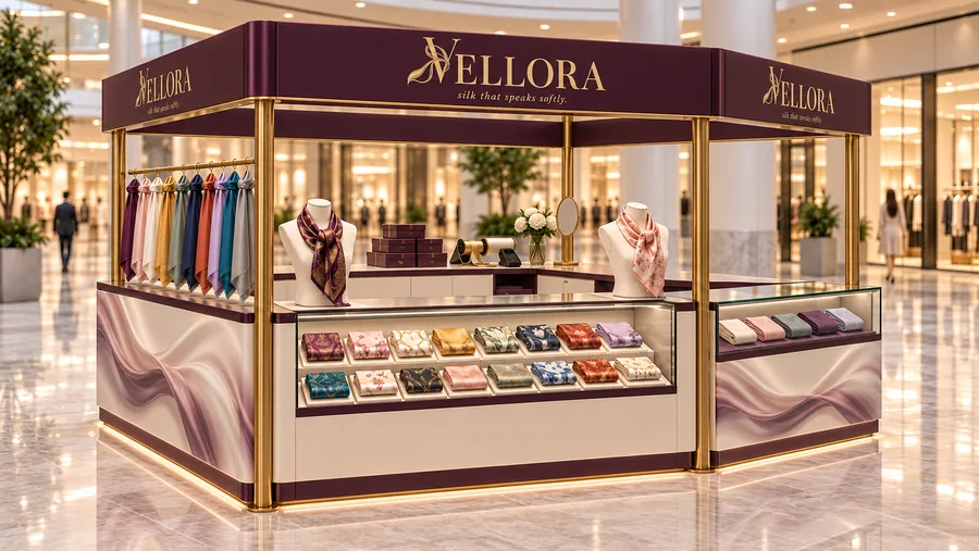 VELLORA crowned island kiosk — right three-quarter view, silk scarves (AI-assisted 3D visualisation)