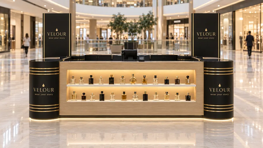 VELOUR counter-type island kiosk — front view, niche perfumery (artisan fragrances (AI-assisted 3D visualisation)