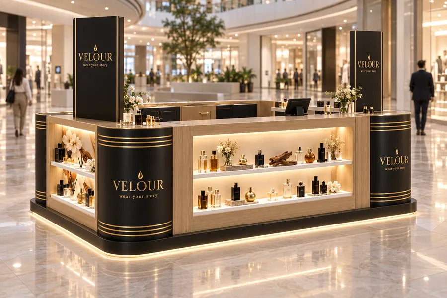 VELOUR counter-type island kiosk — left three-quarter view, niche perfumery (artisan fragrances (AI-assisted 3D visualisation)