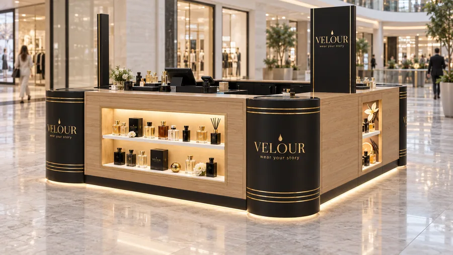 VELOUR counter-type island kiosk — right three-quarter view, niche perfumery (artisan fragrances (AI-assisted 3D visualisation)