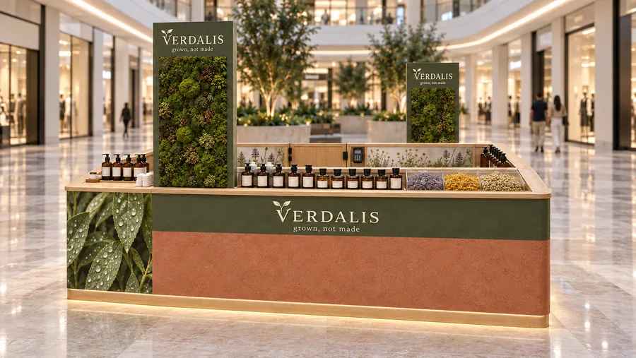 VERDALIS counter-type island kiosk — front view, certified organic face oils (AI-assisted 3D visualisation)