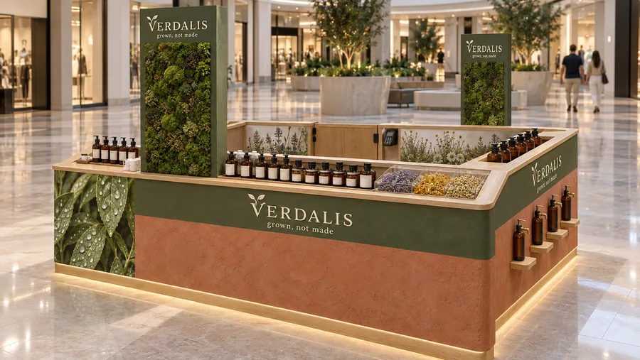VERDALIS counter-type island kiosk — left three-quarter view, certified organic face oils (AI-assisted 3D visualisation)
