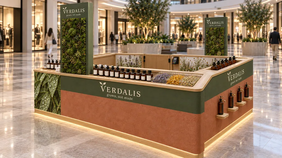 VERDALIS counter-type island kiosk — right three-quarter view, certified organic face oils (AI-assisted 3D visualisation)