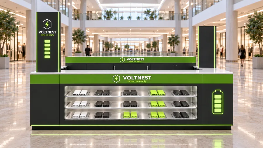 VOLTNEST counter-type island kiosk — front view, power banks (AI-assisted 3D visualisation)