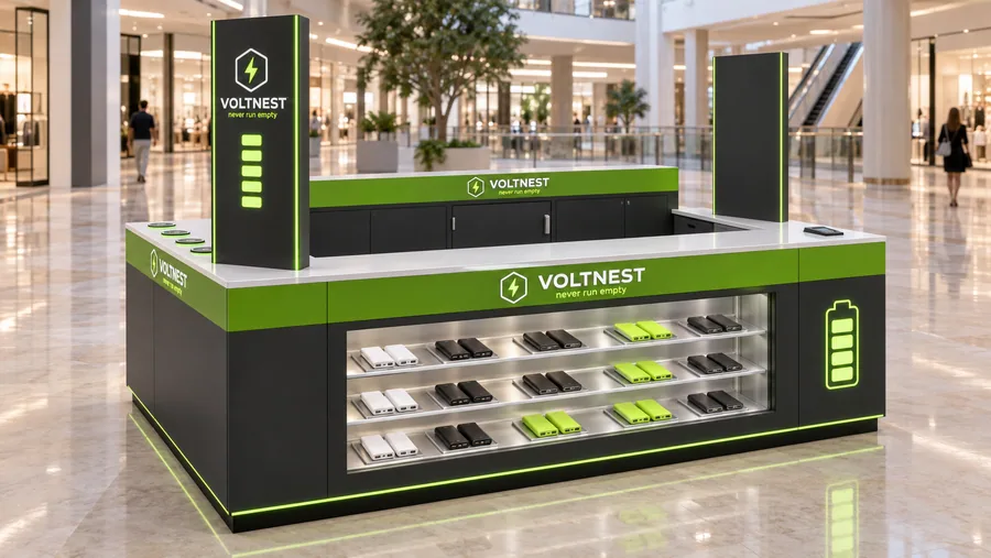 VOLTNEST counter-type island kiosk — left three-quarter view, power banks (AI-assisted 3D visualisation)