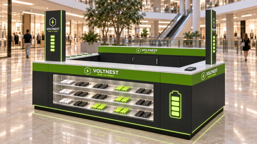 VOLTNEST counter-type island kiosk — right three-quarter view, power banks (AI-assisted 3D visualisation)