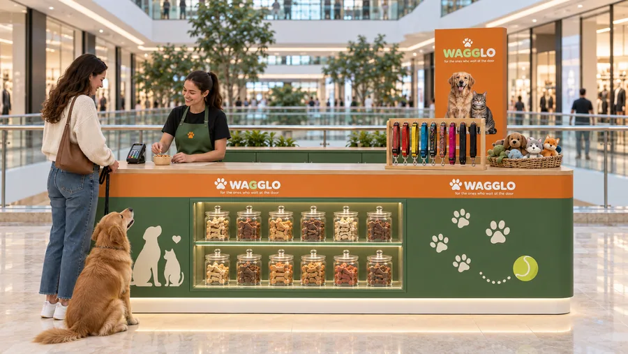 WAGGLO counter-type kiosk in front of a balcony — front view, pet accessories and treats (AI-assisted 3D visualisation)