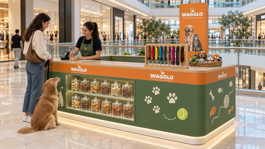 WAGGLO counter-type kiosk in front of a balcony — left three-quarter view, pet accessories and treats (AI-assisted 3D visualisation)