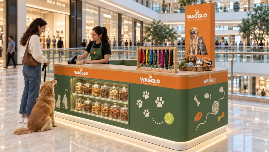 WAGGLO counter-type kiosk in front of a balcony — right three-quarter view, pet accessories and treats (AI-assisted 3D visualisation)