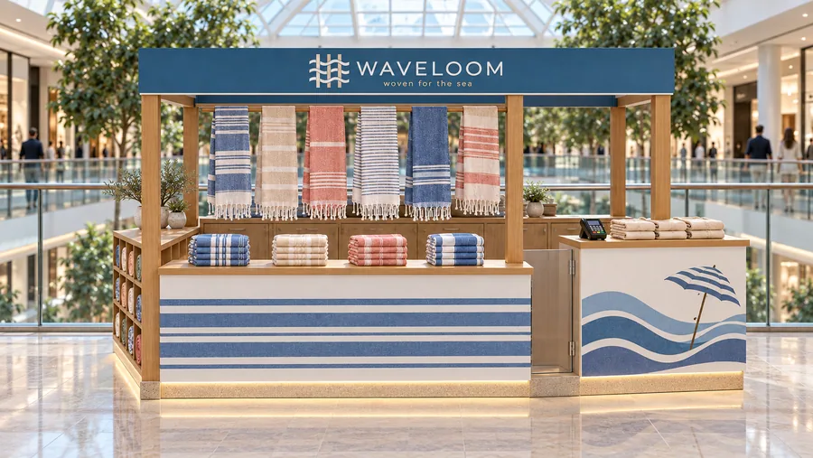 WAVELOOM crowned kiosk in front of a balcony — front view, Turkish peshtemal towels (AI-assisted 3D visualisation)