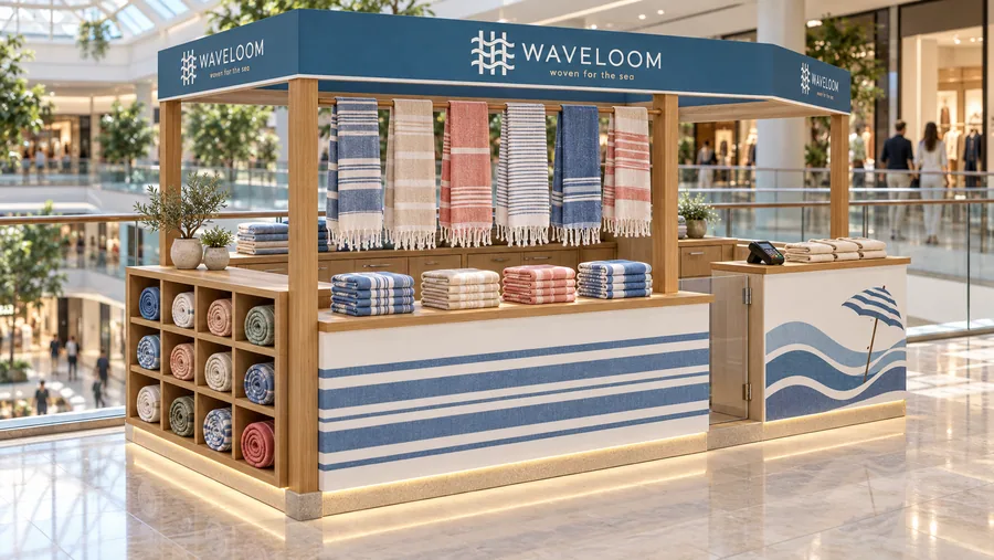 WAVELOOM crowned kiosk in front of a balcony — left three-quarter view, Turkish peshtemal towels (AI-assisted 3D visualisation)