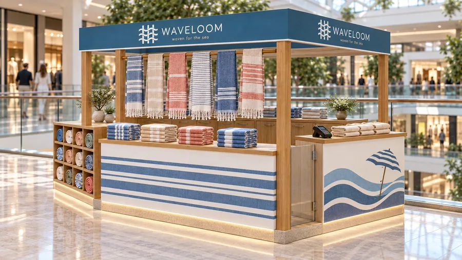 WAVELOOM crowned kiosk in front of a balcony — right three-quarter view, Turkish peshtemal towels (AI-assisted 3D visualisation)