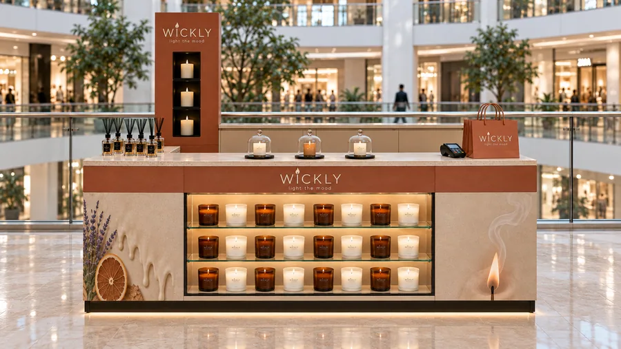 WICKLY counter-type kiosk in front of a balcony — front view, scented candles (AI-assisted 3D visualisation)