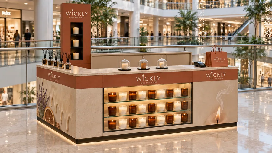 WICKLY counter-type kiosk in front of a balcony — left three-quarter view, scented candles (AI-assisted 3D visualisation)