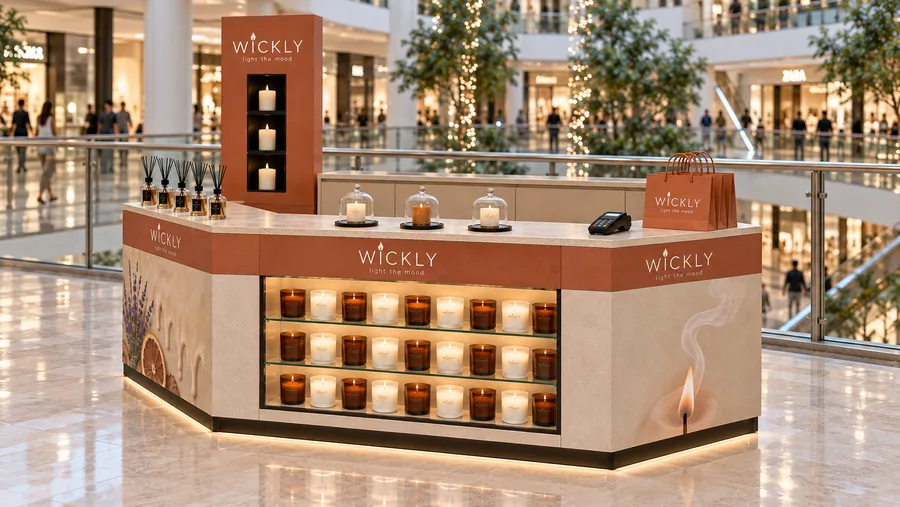 WICKLY counter-type kiosk in front of a balcony — right three-quarter view, scented candles (AI-assisted 3D visualisation)