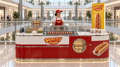 WURSTLY — كشك بطاولة أمام شرفة (تصور ثلاثي الأبعاد بمساعدة الذكاء الاصطناعي)