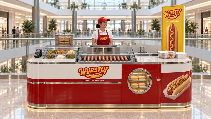 WURSTLY counter-type kiosk in front of a balcony — front view, grilled hot dogs in steamed buns with mustard (AI-assisted 3D visualisation)