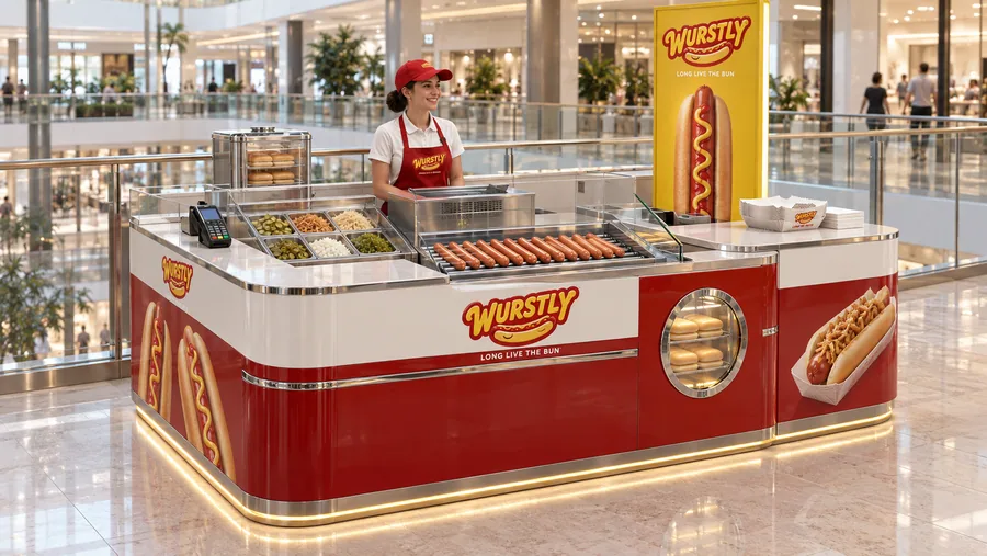 WURSTLY counter-type kiosk in front of a balcony — left three-quarter view, grilled hot dogs in steamed buns with mustard (AI-assisted 3D visualisation)