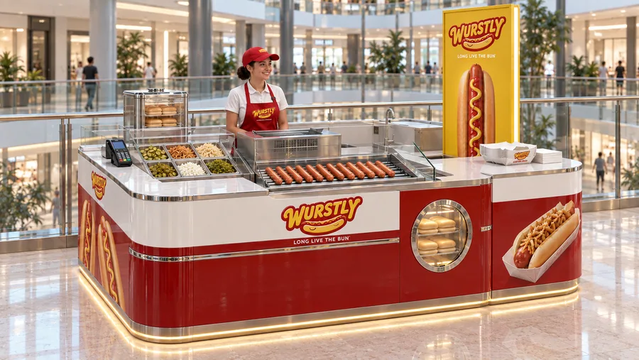 WURSTLY counter-type kiosk in front of a balcony — right three-quarter view, grilled hot dogs in steamed buns with mustard (AI-assisted 3D visualisation)