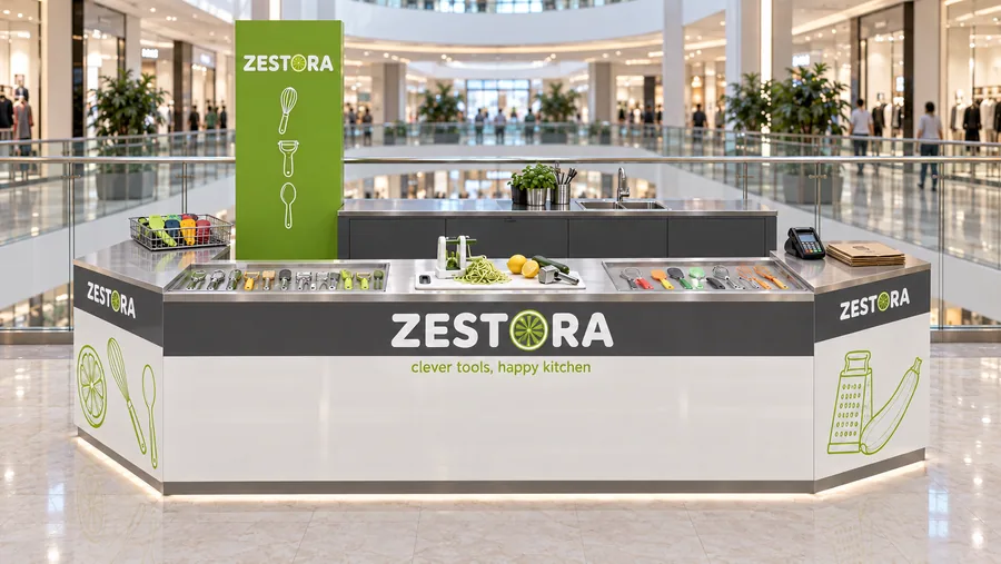 ZESTORA counter-type kiosk in front of a balcony — front view, kitchen gadgets (AI-assisted 3D visualisation)