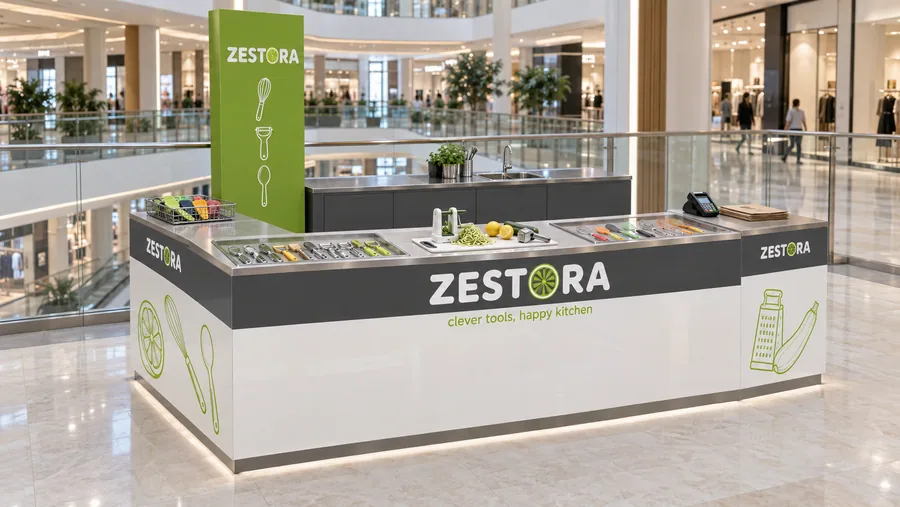 ZESTORA counter-type kiosk in front of a balcony — left three-quarter view, kitchen gadgets (AI-assisted 3D visualisation)