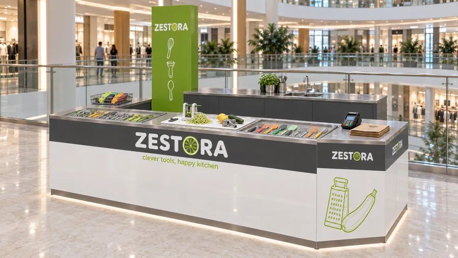 ZESTORA counter-type kiosk in front of a balcony — right three-quarter view, kitchen gadgets (AI-assisted 3D visualisation)