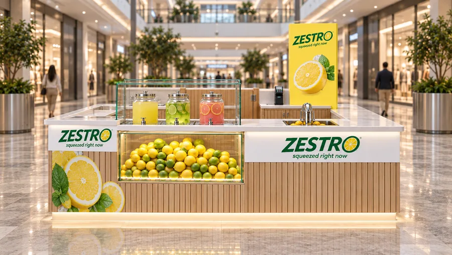 ZESTRO counter-type island kiosk — front view, fresh-squeezed lemonade in classic (AI-assisted 3D visualisation)