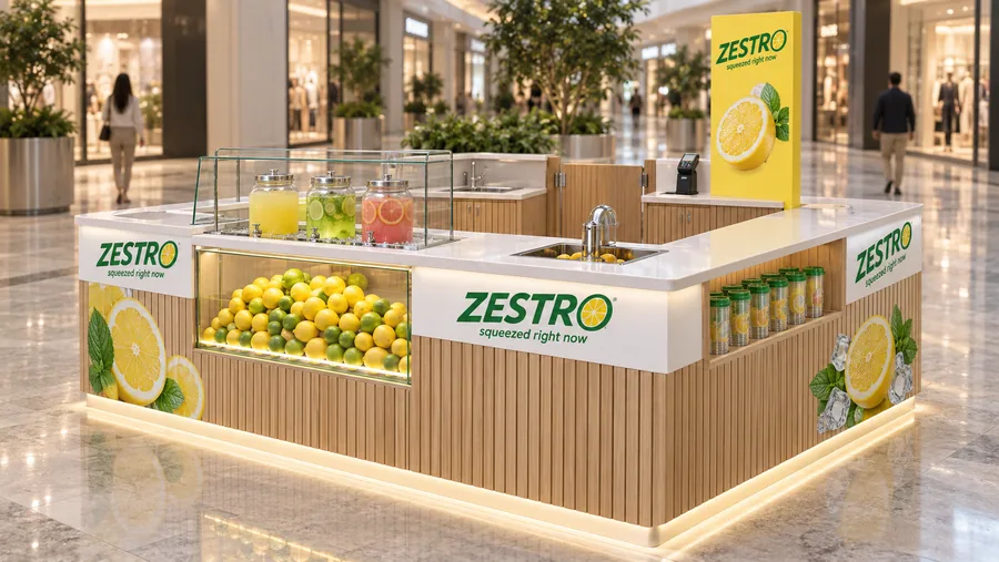 ZESTRO counter-type island kiosk — left three-quarter view, fresh-squeezed lemonade in classic (AI-assisted 3D visualisation)