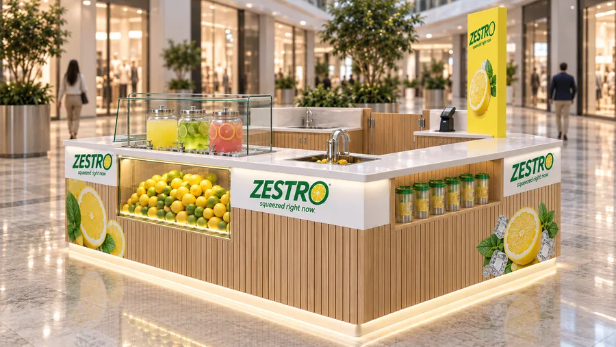 ZESTRO counter-type island kiosk — right three-quarter view, fresh-squeezed lemonade in classic (AI-assisted 3D visualisation)